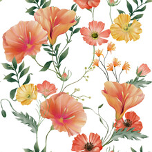 Seamless Pattern With Red Poppy  & Yellow Daisy Flowers Leaves  Meadow Garden Seamless Pattern