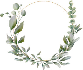 Wall Mural - watercolor natural illustration foliage wreath greenery herbs round frame natural gold green stationery wedding romance delicate silky