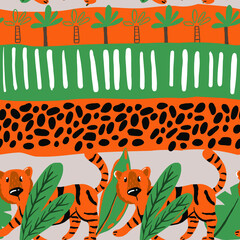 Wall Mural - Cute tigers on strips, cartoon vector seamless pattern for children. Print for textile, fabric, wallpaper, paper.