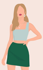 Vector flat image of an attractive young fair-haired girl with hoop earrings. Lady in a short skirt and top. Summer image 2022. Design for postcards, avatars, posters, backgrounds, templates.