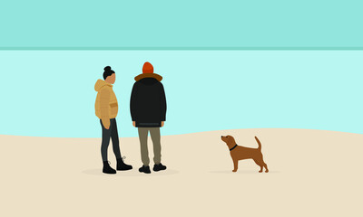 Wall Mural - Male character and female character in jackets and with a dog are standing on the beach