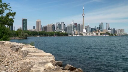 Wall Mural - Establishing shot of Toronto, Canada, showing iconic Toronto skyline and Lake Ontario by day during summer.