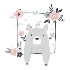 Wall Mural - Vector illustration of a cute teddy bear and frame with floral ornaments