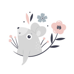 Wall Mural - Vector illustration of a cute mouse and floral elements.