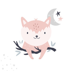 Wall Mural - Vector illustration of a cute fox on a branch and moon