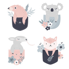 Wall Mural - Vector illustrations of a cute pangolin, koala, anteater and fox sitting in little pockets