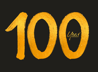 Gold 100 Years Anniversary Celebration Vector Template, 100 Years  logo design, 100th birthday, Gold Lettering Numbers brush drawing hand drawn sketch, number logo design vector illustration