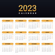 2023 gold calendar. Twelve months on one page. Red Sunday at the end of the week. Vector template