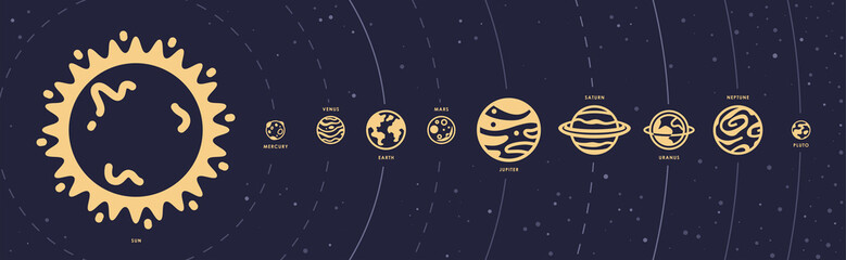 Solar system. Planets set. Planet Earth and sun icon. Space background. World symbol. Vector eps10 illustration. Flat design. Line art. Simple minimalystic design. Silhouette isolated. Icons set.