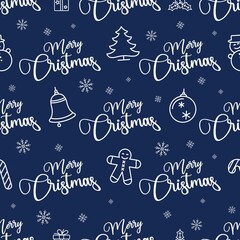 Wall Mural - Merry Christmas and Happy New Year seamless pattern, vector vintage illustration. Season greetings typography with hand drawn design elements for wrapping paper prints decoration needs.