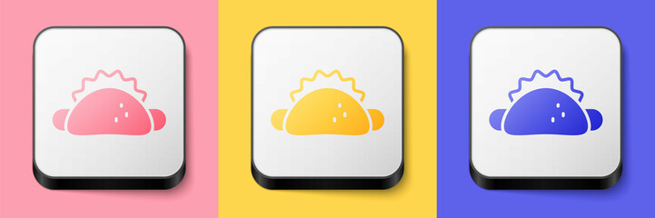 Isometric Taco with tortilla icon isolated on pink, yellow and blue background. Traditional mexican fast food menu. Square button. Vector