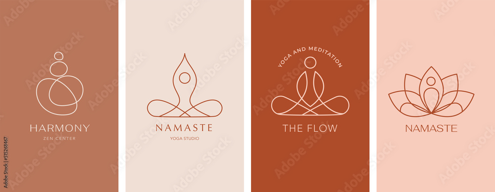Collection of Yoga, Zen and Meditation logos, linear icons and elements ...