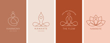 Collection Of Yoga, Zen And Meditation Logos, Linear Icons And Elements. Bohemian Style Minimalist Illustrations In Pastel Colors