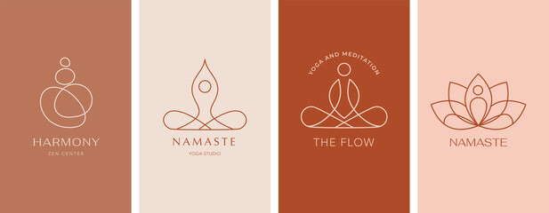 collection of yoga, zen and meditation logos, linear icons and elements. bohemian style minimalist i