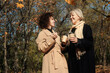 Middle aged woman and young curly hair woman walking in autumn park.Mother and daughter relationship