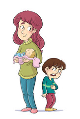 Illustration of little girl jealous of her mother and baby brother