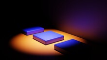 3D Rendering. 3D Illustration. Spotlight At The Top Illuminating A Square Platform In An Orange Room. White Back Ground. Podium With Three Seaboards. 