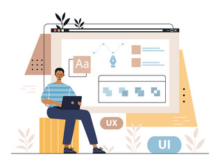 Wall Mural - Ui ux design. Graphic designer with laptop in hands develops elements for website, interface for page. Freelancer with laptop performs order, earnings on Internet. Cartoon flat vector illustration