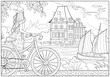 Coloring book for children and adults. Beautiful girl travels in Brittany seacoast on a bike. Black and white vector illustration. Image in zentangle style. Printable page for drawing and meditation.