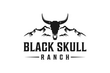 Black Skull Cow Head Logo Design Horns Animal Mountain Background Hunter Icon Cowboy Ranch