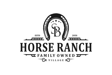 Wall Mural - Horse ranch horseshoe logo design rustic vintage badge farm retro