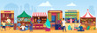 Asian outdoor street market with local people, tourists vector illustration. Cartoon bazaar marketplace with stall kiosks selling traditional pottery, spices and kebab meat, food and hookah background