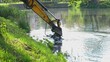 Industrial Heavy Duty Excavator Dredging River Bottom Removing Stinky Silt Mud Slime and Seaweed Wrack