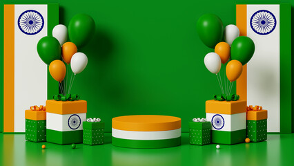 3d rendering, independence day of india or republic day, podium concept, flag symbol and gift box on green background,  copy space for design