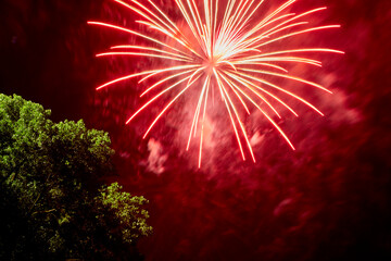 white fireworks exploding against a red night sky over green tree tops