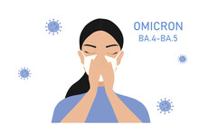 Omicron Variant BA.4-BA.5 COVID-19. New Strain Of Coronavirus. Woman With Face Mask Coughing Vector Illustration