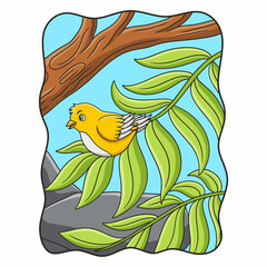 cartoon illustration a bird sitting on the leaves of a big tree high in the middle of the forest