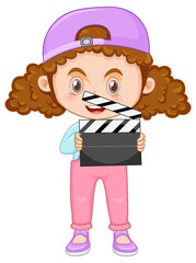 Poster - Cute girl cartoon character with curly pigtail hair holding film slate