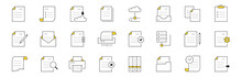 Set Of Doodle Icons Work With Documents, Archive Storage. Isolated Vector Linear Signs Upload To The Cloud, Download, Online Transfer, Printing Paper, Files And Folders With Pen, Gear, Clock, Envelope