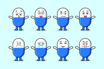 Wall Mural - Set kawaii capsule medicine cartoon character with different expressions of cartoon face vector illustrations