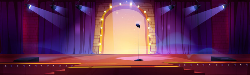 Stage for a show or TV entertainment with microphone, stairs, red curtains, spotlights, illumination and decor. Cartoon background, stand up amusement or music concert area, podium for artists