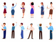 © Юлия Храмцова - A set of men and women who report, teach. Teacher with a pointer and a book in his hand. View from the back. Flat character vector illustration