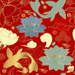 Seamless vector pattern with peonies and carps on a red background. Chinese background.	