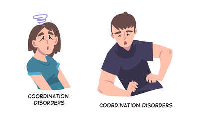 Poster - Sick Man and Woman Feeling Coordination Disorder as Symptom of Heart Stroke Vector Set