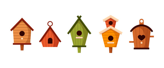 Wall Mural - Different colorful birdhouses vector illustrations set. Hobby for children, cute houses or homes for birds on trees with holes of heart or circle shapes on white background. Nature, carpentry concept