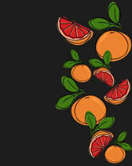 Wall Mural - Orange, tangerine, or grapefruit on a black background. Fresh citrus. Top view. Сopy space. Label, cover, price tag, background. Flat vector illustration