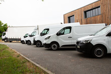 Van Transportation Truck Park White Delivery Trucks In Warehouse Distribution Logistic Building
