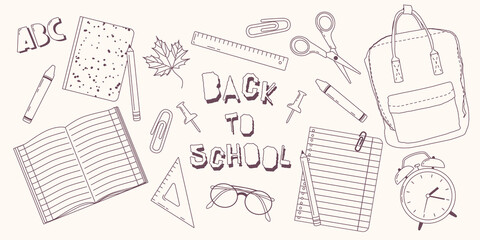 Big set of school supplies. Back to school autumn concept. Pupil's supplies. Vector illustration line art style on a light background. All objects are isolated