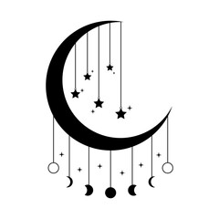 Sticker - Crescent moon with hanging  phases of the moon and stars mystic magic boho black icon vector design.