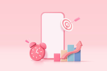 Wall Mural - 3D mobile phone with alarm clock and graph trading for investment. Fund growing business finance concept, smartphone notification online payment. 3d trading on mobile phone vector render illustration