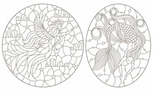 A Set Of Contour Illustrations In The Style Of Stained Glass With Angel Girls And Mermaid, Dark Contours On A White Background