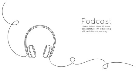 Aufkleber - Continuous one line drawing of headphones speaker for podcast web banner. Music gadget and earphones devices in simple linear style. Editable stroke. Doodle vector illustration