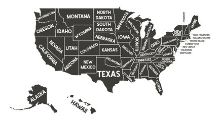 Poster - USA map. Vector silhouette state of America. United States of America with script text state names. American map for poster, banner, t-shirt, tee. Design USA typography states names. Poster map of USA