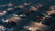 Cars at night in the parking lot. Aerial view of night parking. Night outdoor parking lot. Busy parking lot at the night. 3d illustration