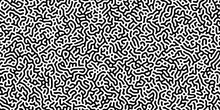 Turing Reaction Diffusion Monochrome Seamless Pattern With Chaotic Motion. Natural Background With Organic Structures. Vector Illustration Of Chemical Morphogenesis Concept. Curvy Doodle Labyrinth