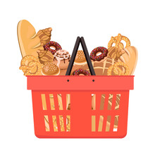 Grocery Red Basket With Pastries Bread,croissant,donut,loaf,pretzel,sesame And Cinnamon Bun,isolated On A White Background.Vector Illustration Of Confectionery Products For Bakery And Store Designs.